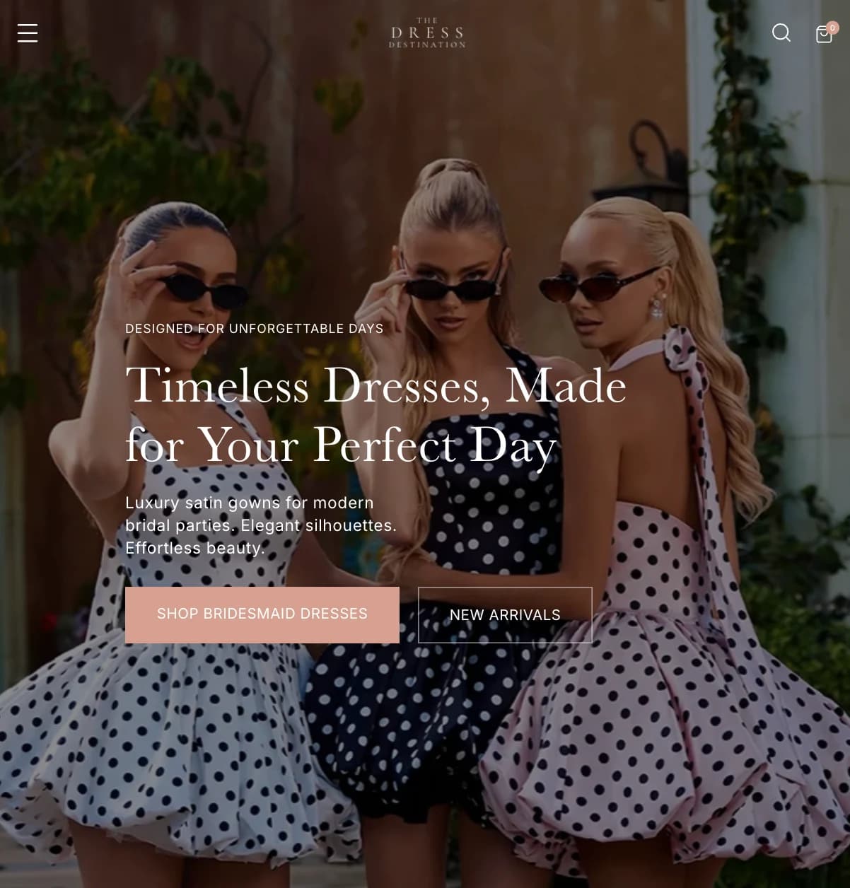 The Dress Destination homepage featuring three models in polka-dot dresses