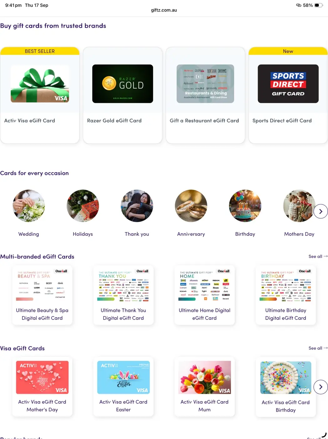 Giftz ecommerce storefront showing gift card categories and products