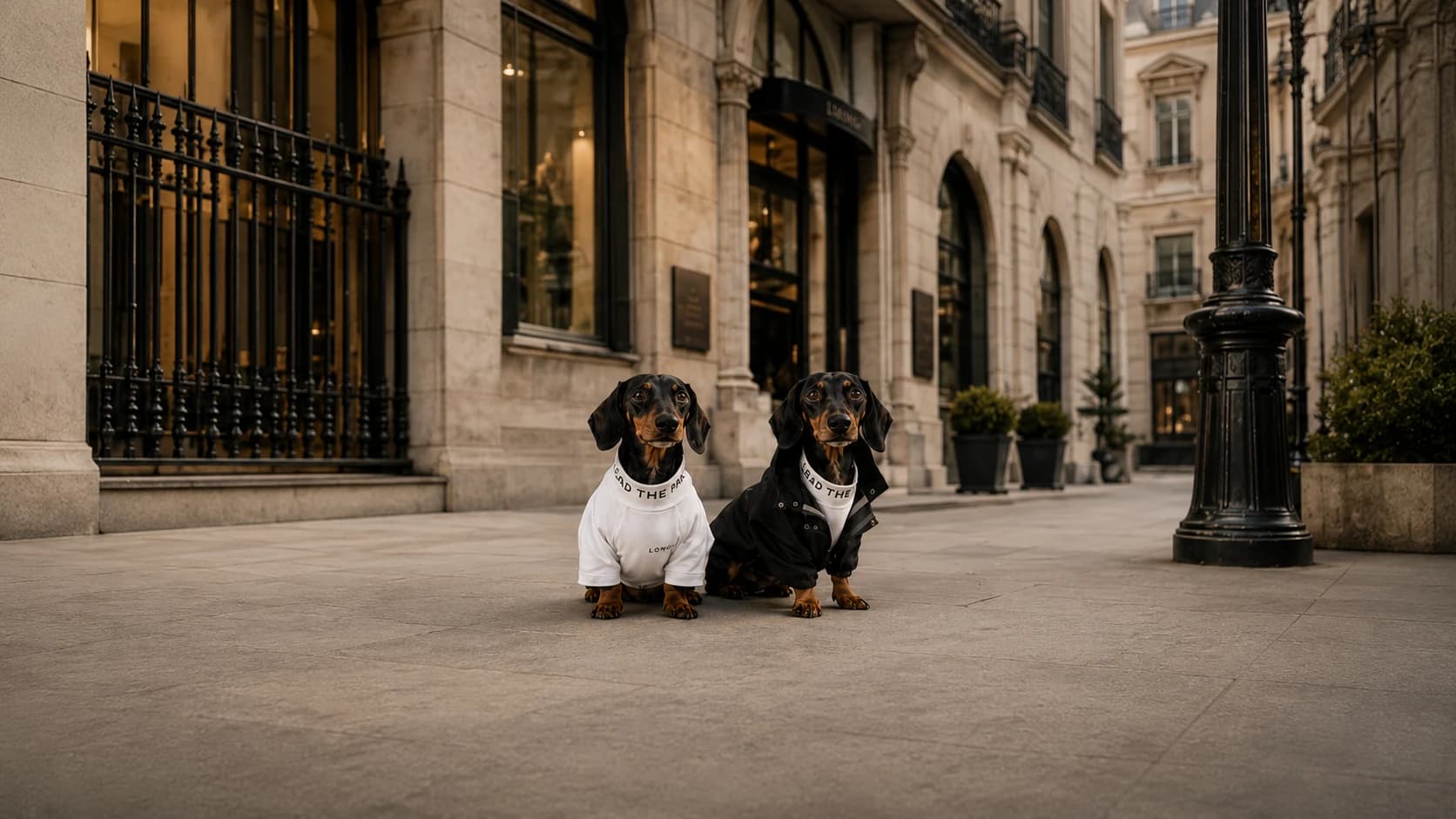 Longdawg campaign concept with two dachshunds wearing branded black and white apparel