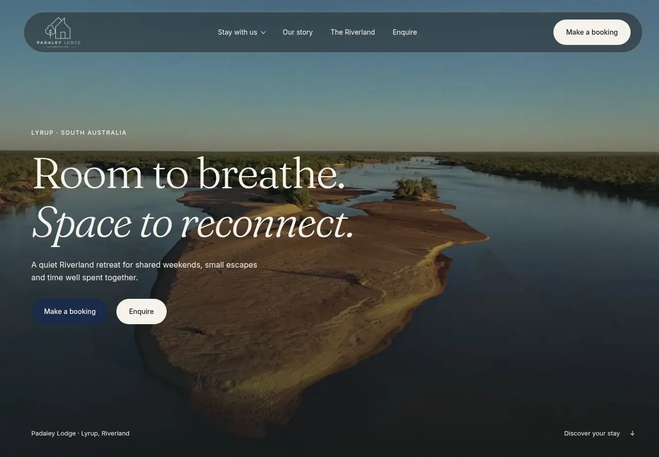 Redesigned Padaley Lodge homepage with Riverland imagery and clear booking actions