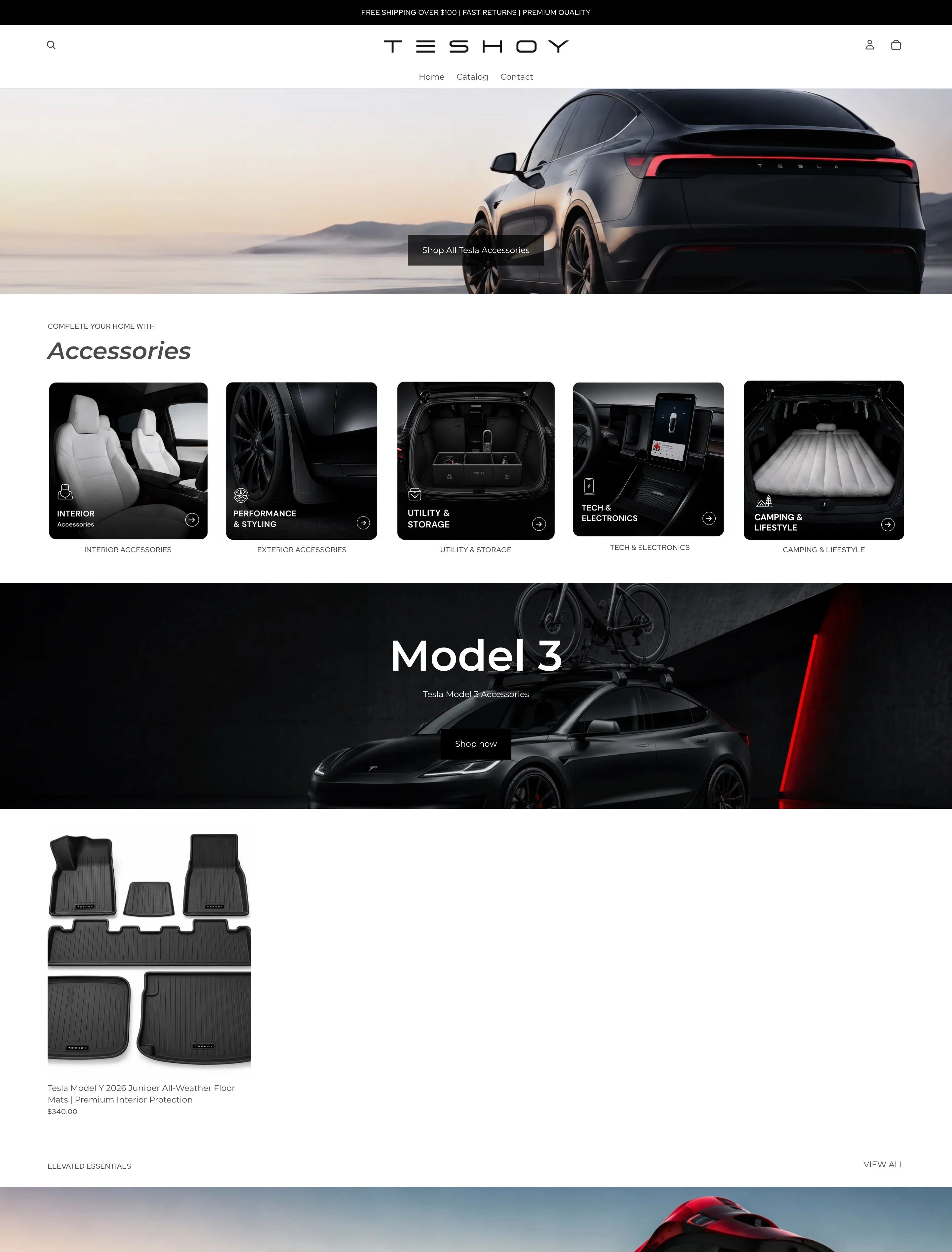 Teshoy desktop storefront with Tesla accessories and product categories