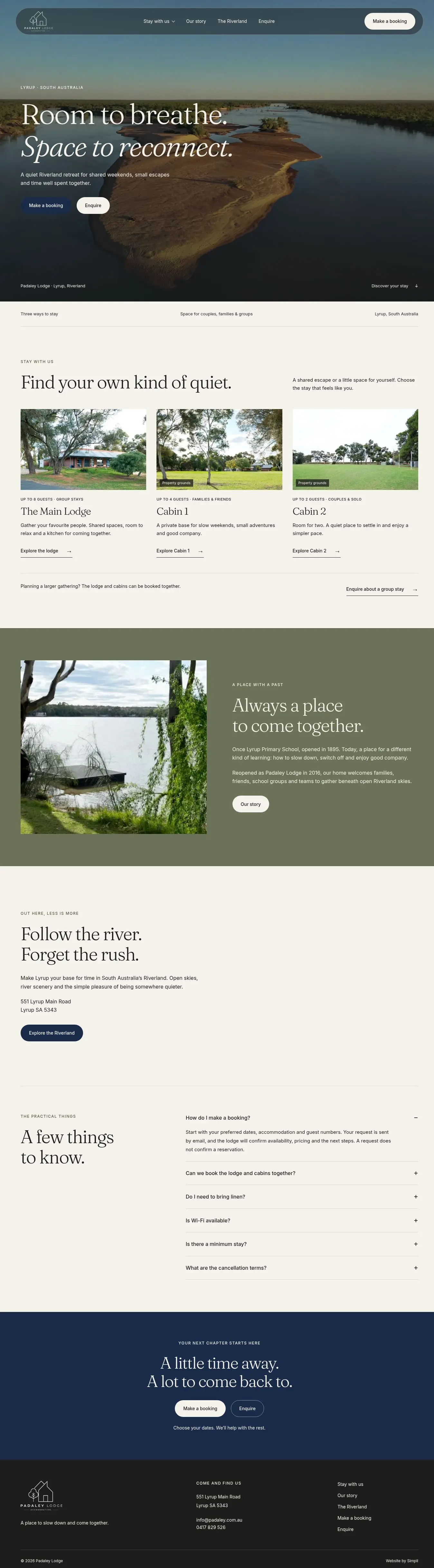 Full redesigned Padaley Lodge homepage showing accommodation choices, property story, Riverland content, FAQs and booking actions